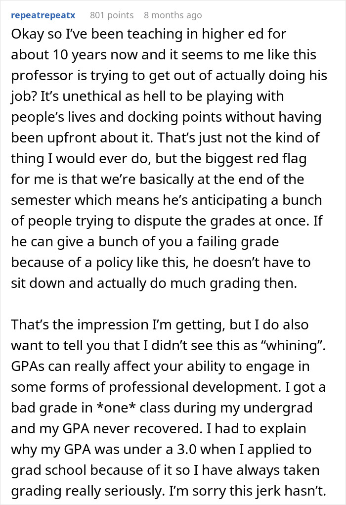 Student upset after professor enforces phone rule without warning risking failure in class and causing grade disputes at semester end