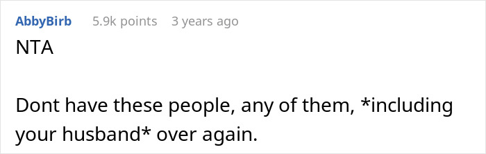 Screenshot of a social media comment advising against having people over, including husband who laughs and defends father calling DIL fat. Screenshot of a social media comment advising against having people over, including husband who laughs and defends father calling DIL fat.