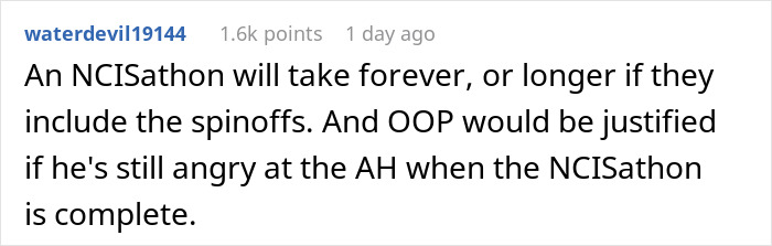 Screenshot of a Reddit comment discussing an NCISathon and spinoffs in an online conversation thread. Screenshot of a Reddit comment discussing an NCISathon and spinoffs in an online conversation thread.
