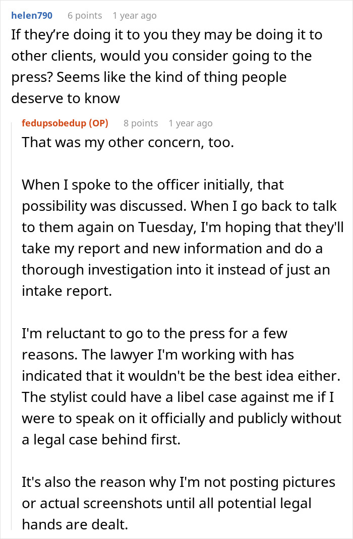 Reddit conversation discussing a woman&rsquo;s crazy story about her hair stylist after finding a weird hair shrine.