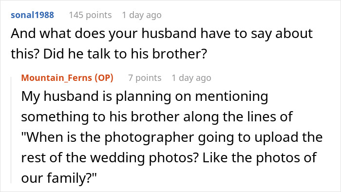 Reddit conversation about bride entering new family with drama after excluding sister-in-law from wedding photos. Reddit conversation about bride entering new family with drama after excluding sister-in-law from wedding photos.