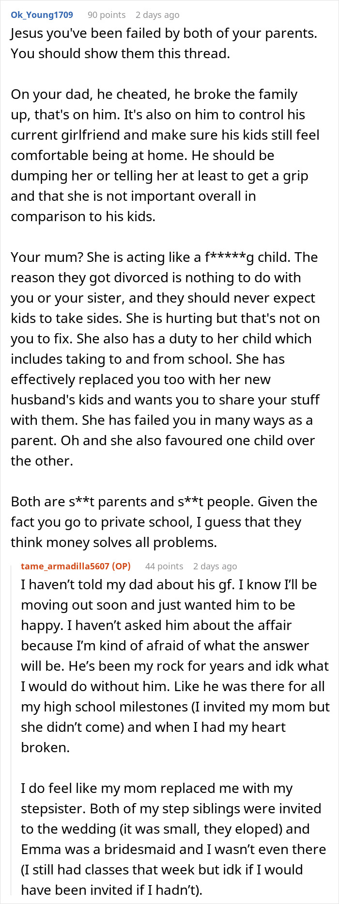 Screenshot of an online discussion about a mom blaming her daughter for picking dad in the divorce and family conflicts. Screenshot of an online discussion about a mom blaming her daughter for picking dad in the divorce and family conflicts.