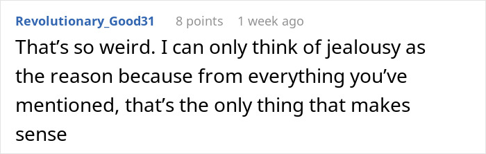 Commenter Revolutionary_Good31 discussing jealousy as the reason behind banning baby and husband from engagement party.