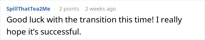 Comment reading Good luck with the transition this time, expressing hope for success in an online discussion thread.