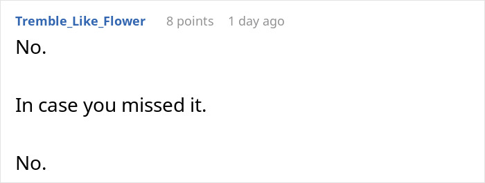 Screenshot of a forum comment stating no twice, related to woman worried about sister who became a tradwife. Screenshot of a forum comment stating no twice, related to woman worried about sister who became a tradwife.