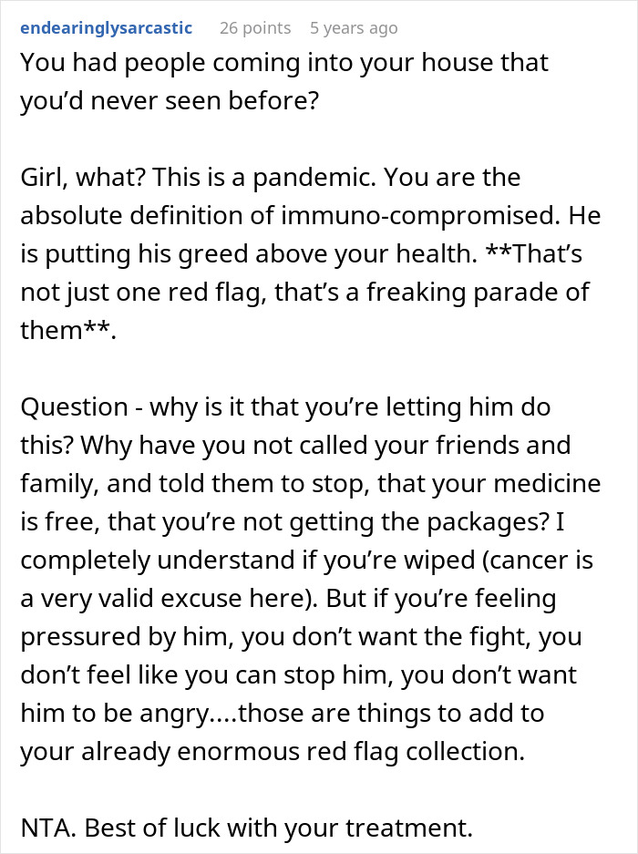 Reddit screenshot criticizing husband cancer diagnosis excuse, warns about red flags and immunocompromised pandemic risk. Reddit screenshot criticizing husband cancer diagnosis excuse, warns about red flags and immunocompromised pandemic risk.