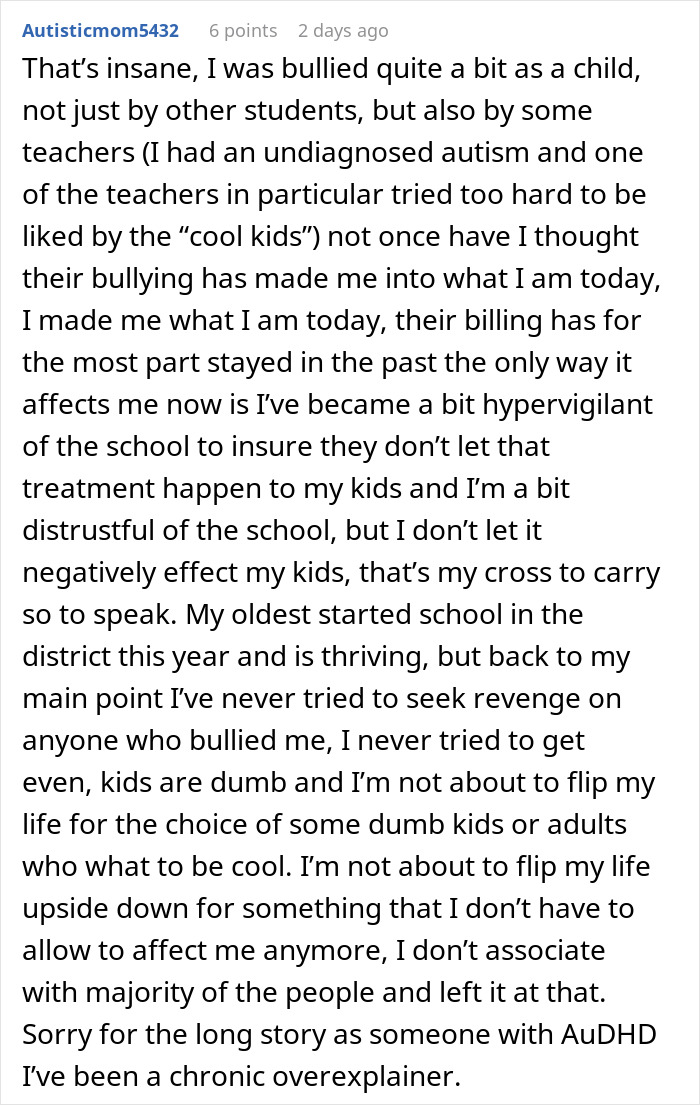 Comment discussing personal experiences with bullying and its effects, highlighting fianc&eacute;e&rsquo;s obsession with her bully.