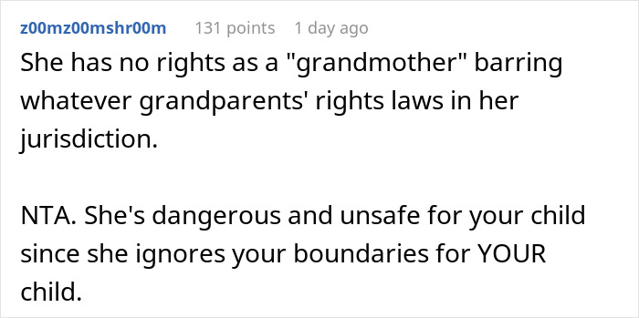 Reddit screenshot: comment says grandmother has no rights, NTA - mom takes her baby and storms off after MIL tried feeding Reddit screenshot: comment says grandmother has no rights, NTA - mom takes her baby and storms off after MIL tried feeding