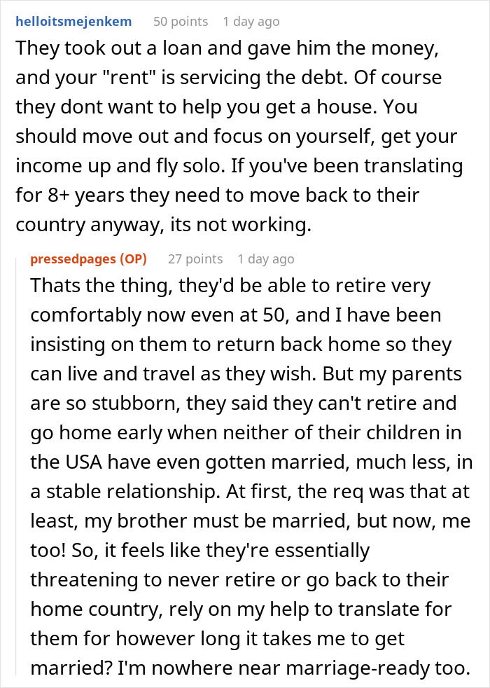 Reddit comments about parents house payment, loan and retirement, advising move out and independence. Reddit comments about parents house payment, loan and retirement, advising move out and independence.