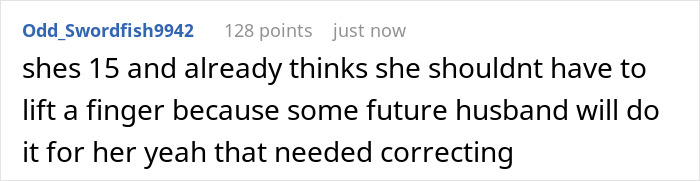 Screenshot of a Reddit comment about a 15-year-old girl refusing chores, linked to annoyed mom and pick me behavior.