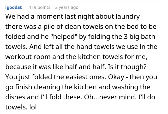 Text post about wife deciding to live life like her husband, causing frustration over household chores and shared responsibilities.