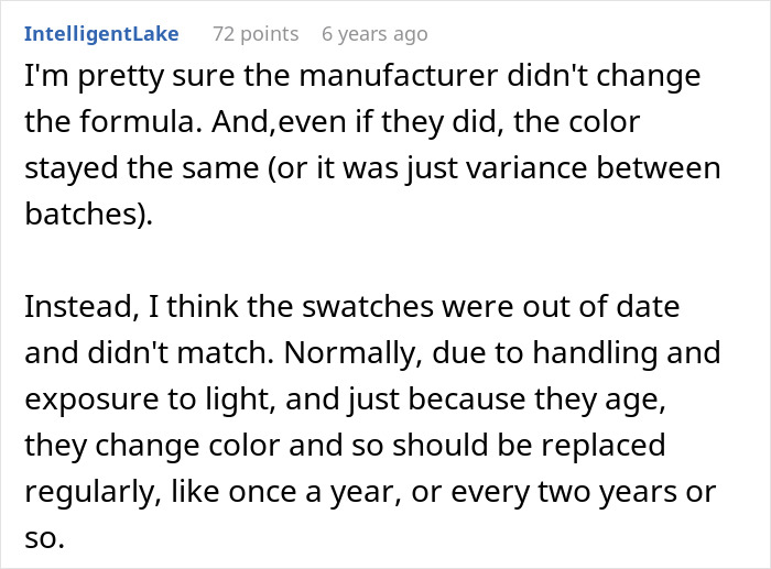 Text excerpt from user IntelligentLake discussing color swatches and manufacturer formula changes related to product aging and replacement frequency.