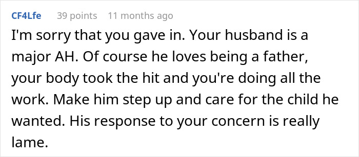 Reddit comment criticizing husband, discussing regrets becoming a parent and urging him to step up in childcare.