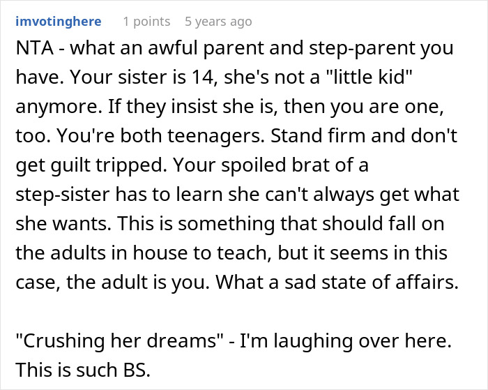 Reddit comment discussing a teen accused of crushing half-sister’s dreams by refusing her Christmas wish. Reddit comment discussing a teen accused of crushing half-sister’s dreams by refusing her Christmas wish.