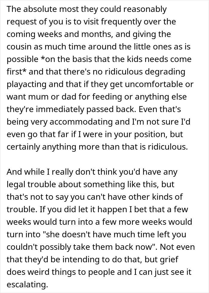 Text discussing concerns about a cousin with cancer wanting to borrow a baby to experience motherhood and potential emotional issues. Text discussing concerns about a cousin with cancer wanting to borrow a baby to experience motherhood and potential emotional issues.