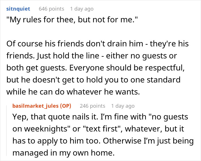 Reddit comment screenshot about boyfriend ban friends relationship, users debating fairness of no-guest rules Reddit comment screenshot about boyfriend ban friends relationship, users debating fairness of no-guest rules
