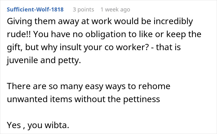 Reddit comment about daycare worker suspecting coworker gave passive-aggressive gift and the truth revealed later.