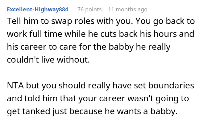 Reddit comment screenshot about swapping roles, career and childcare, saying resent my husband and regrets becoming a parent Reddit comment screenshot about swapping roles, career and childcare, saying resent my husband and regrets becoming a parent