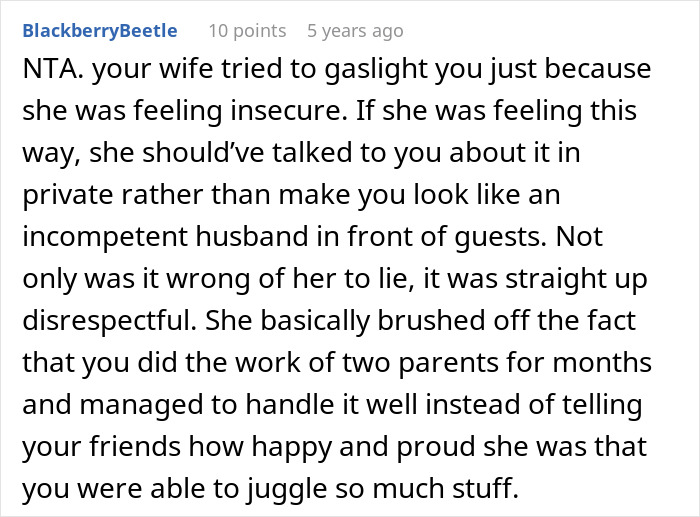 Reddit screenshot of a comment about gaslighting and relationship conflict, Guy Embarrasses Wife Reddit screenshot of a comment about gaslighting and relationship conflict, Guy Embarrasses Wife