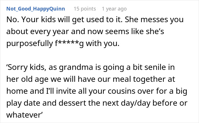 Comment discussing a woman refusing to attend her MIL&rsquo;s Thanksgiving after being reinvited due to other guests flaking.
