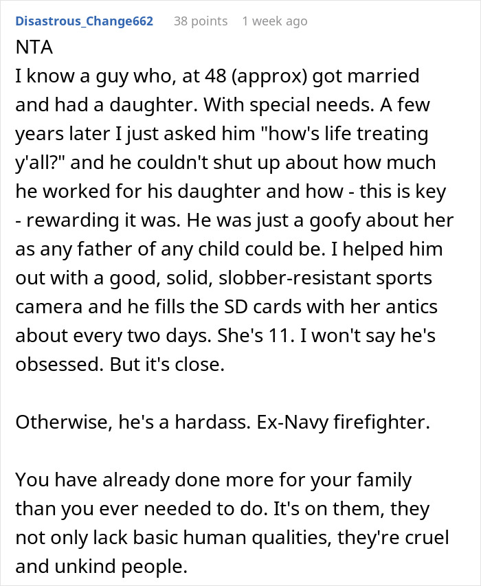 Screenshot of a Reddit comment discussing family dynamics and parental behavior in a challenging situation. Screenshot of a Reddit comment discussing family dynamics and parental behavior in a challenging situation.