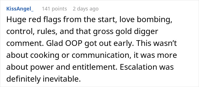Comment discussing red flags, control issues, and concerns about gold diggers and entitlement in relationships. Comment discussing red flags, control issues, and concerns about gold diggers and entitlement in relationships.