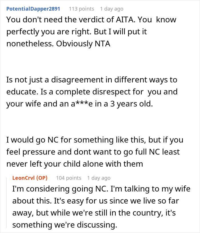 Screenshot of an online discussion about grandparents spanking a 3-year-old and parents banning contact. Screenshot of an online discussion about grandparents spanking a 3-year-old and parents banning contact.
