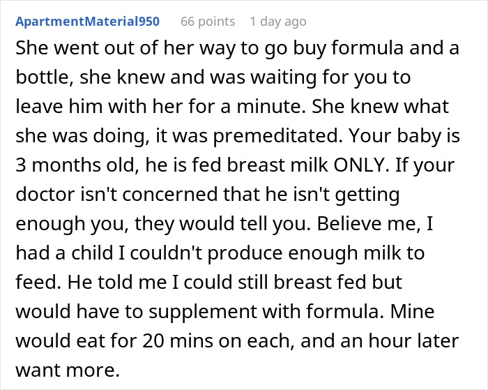 Screenshot of Reddit comment about breastfeeding and formula, Mom takes her baby and storms off after MIL tries to feed Screenshot of Reddit comment about breastfeeding and formula, Mom takes her baby and storms off after MIL tries to feed