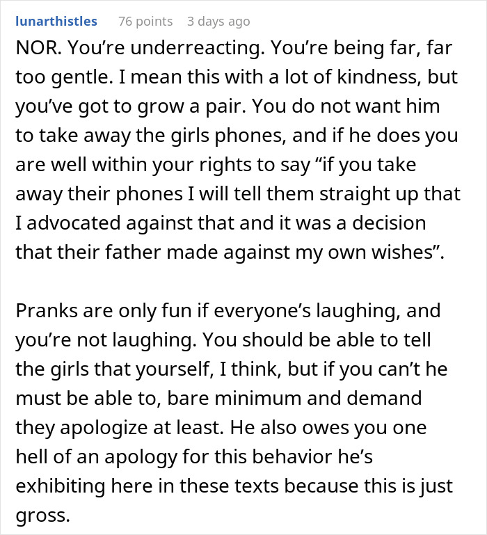 Text conversation discussing a woman pushed to her limits by stepdaughters&rsquo; gift and her viral conversation with husband.