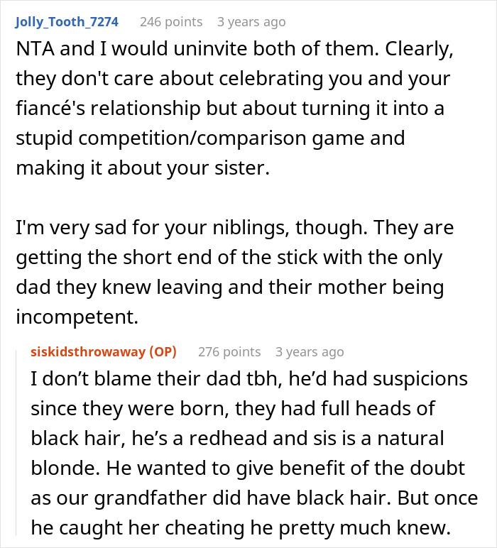 Reddit comments discussing a mom forcing inclusion of sister&rsquo;s unruly kids at a bride-to-be&rsquo;s wedding causing uninvitation.