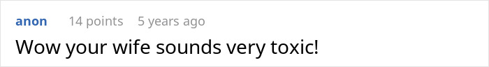 Screenshot of Reddit comment reading Wow your wife sounds very toxic, related to guy embarrasses wife discussion Screenshot of Reddit comment reading Wow your wife sounds very toxic, related to guy embarrasses wife discussion