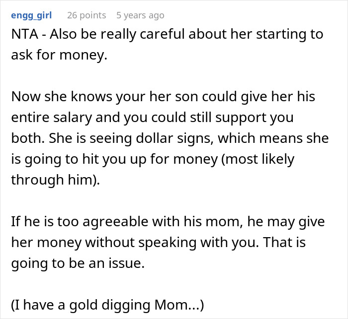 Comment warning about financial control issues and money demands from a mother-in-law aware of hidden finances. Comment warning about financial control issues and money demands from a mother-in-law aware of hidden finances.