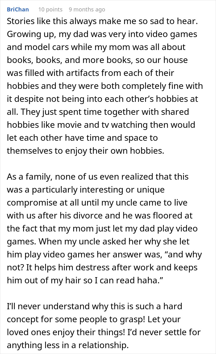 Comment about video games and Star Wars figures as secret hobbies after a spouse bans them in a relationship.