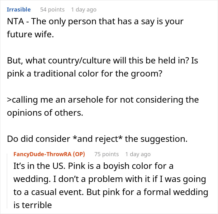 Online discussion about mother dictating wedding attire as groom refuses marriage over pink color choice.