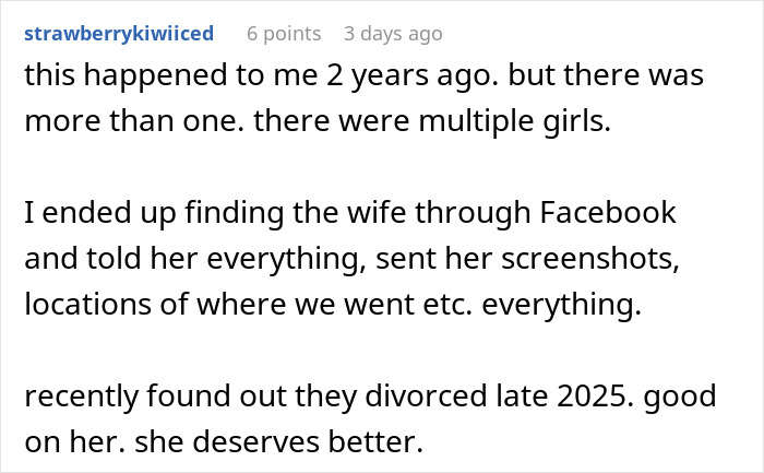 Reddit comment sharing a personal story about discovering she was the mistress in a 4-year relationship.