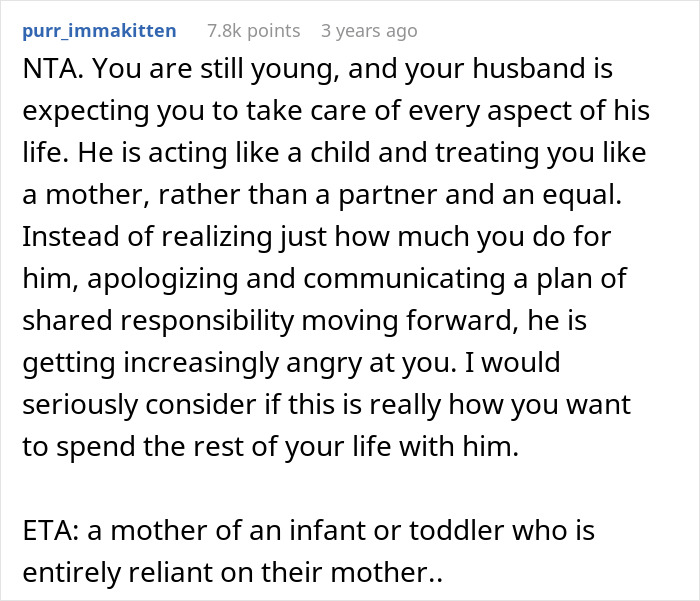 Alt text: Reddit comment discussing working wife facing challenges with man-child hubby and dropping the supermom act.