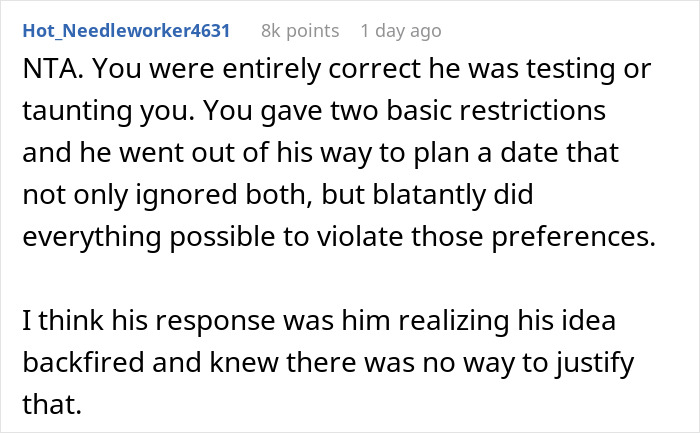 Screenshot of a Reddit comment discussing a recovering alcoholic rejecting a second date planned entirely around bars. Screenshot of a Reddit comment discussing a recovering alcoholic rejecting a second date planned entirely around bars.