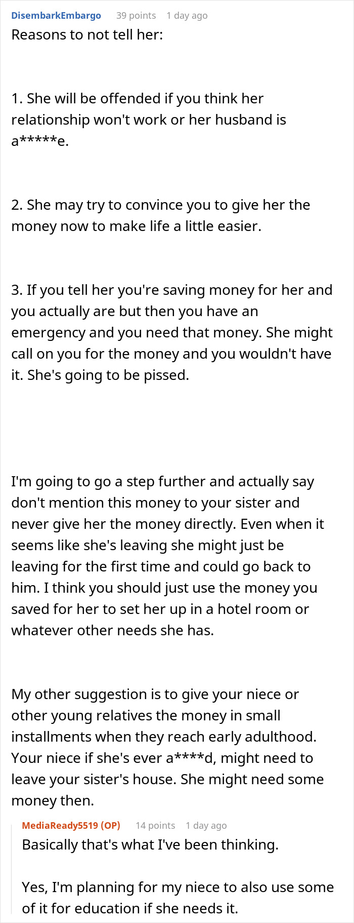 Screenshot of Reddit advice on secretly saving money for a worried woman helping her sister who became a tradwife. Screenshot of Reddit advice on secretly saving money for a worried woman helping her sister who became a tradwife.