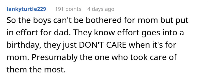 Comment about bros too broke to pitch in for mom’s birthday gift while irate sis takes mom out for dinner. Comment about bros too broke to pitch in for mom’s birthday gift while irate sis takes mom out for dinner.