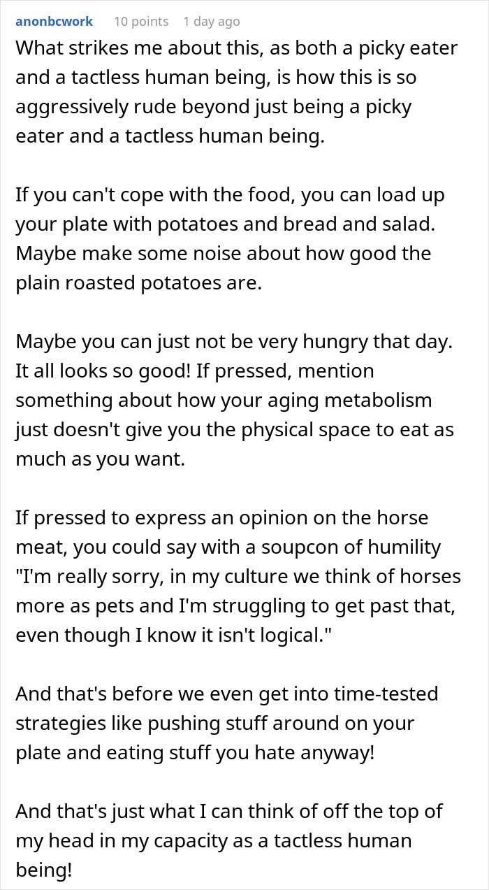 Person making faces and throwing a fit after receiving traditional gross food instead of American dishes at a table.