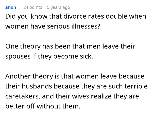 Forum screenshot about divorce and theories of husbands leaving, mentioning husband cancer diagnosis excuses and caretaking