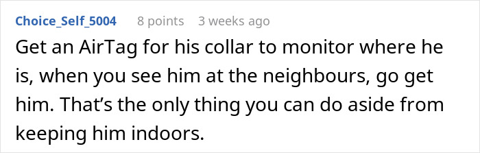 Comment suggesting using an AirTag on a cat&rsquo;s collar to monitor its location when the neighbor is &lsquo;adopting&rsquo; him.