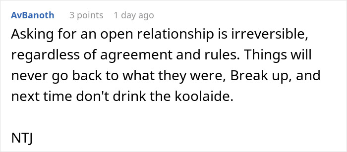 Commenter warning about risks of opening a relationship, mentioning breakups and regret when plans to date younger coworker backfire.
