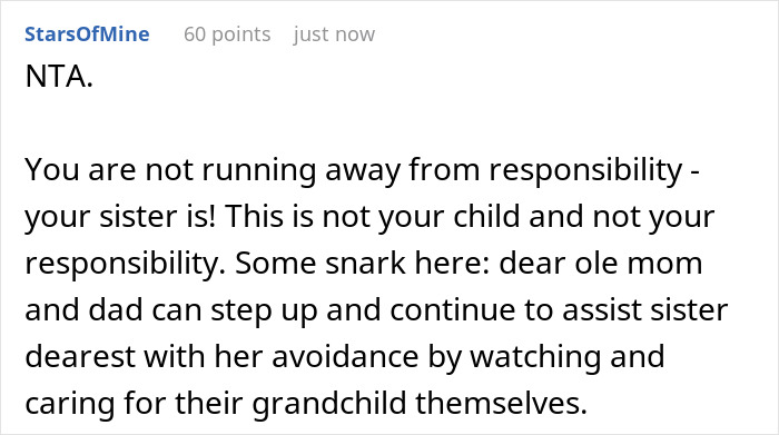 Screenshot of a forum comment discussing a child-loathing lady fleeing her home to avoid being forced into free nanny duties. Screenshot of a forum comment discussing a child-loathing lady fleeing her home to avoid being forced into free nanny duties.