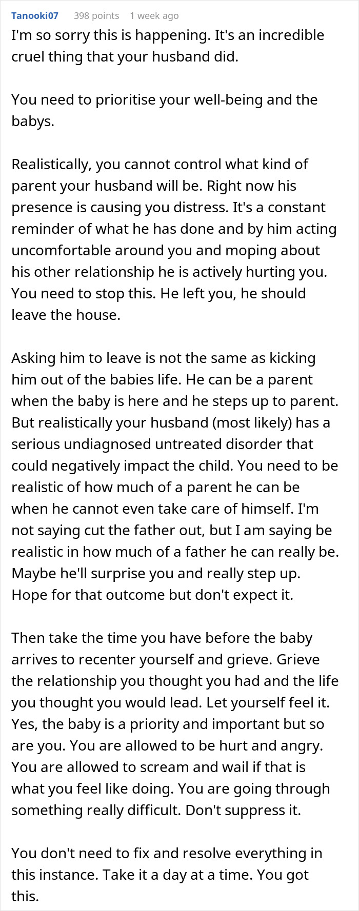Text advice about coping with co-parenting challenges when a bipolar guy leaves his very pregnant wife for a young lover.