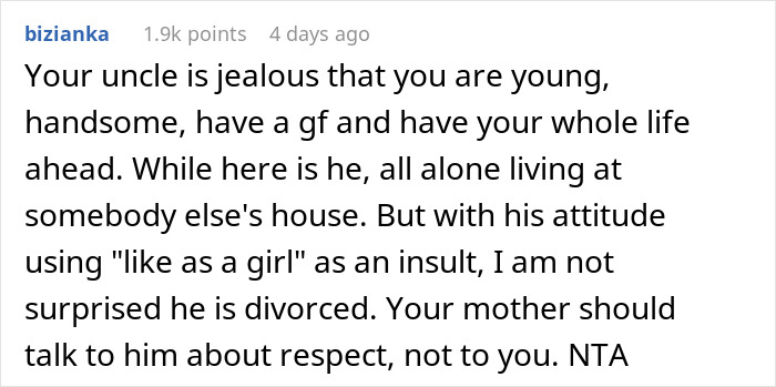 Comment criticizing a bald divorced man shaming his nephew for long hair and cooking for his girlfriend. Comment criticizing a bald divorced man shaming his nephew for long hair and cooking for his girlfriend.
