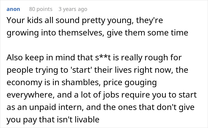 Comment discussing challenges faced by kids and economic struggles related to Dad claiming he did everything for his children.