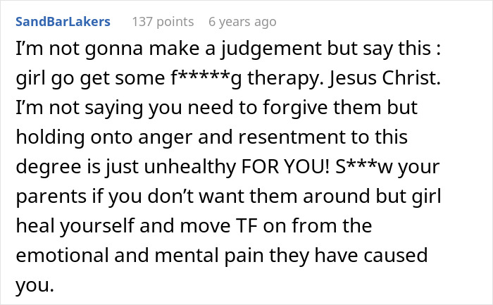 Screenshot of online comment urging woman to seek therapy and heal from past pain related to parents and baby custody conflict. Screenshot of online comment urging woman to seek therapy and heal from past pain related to parents and baby custody conflict.