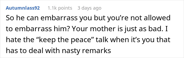 Comment discussing family tension where a bald and divorced man shames nephew for long hair and cooking for girlfriend. Comment discussing family tension where a bald and divorced man shames nephew for long hair and cooking for girlfriend.