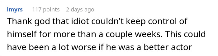 Comment expressing relief that a person lost control quickly, reflecting boyfriend fears golddiggers and relationship trust. Comment expressing relief that a person lost control quickly, reflecting boyfriend fears golddiggers and relationship trust.